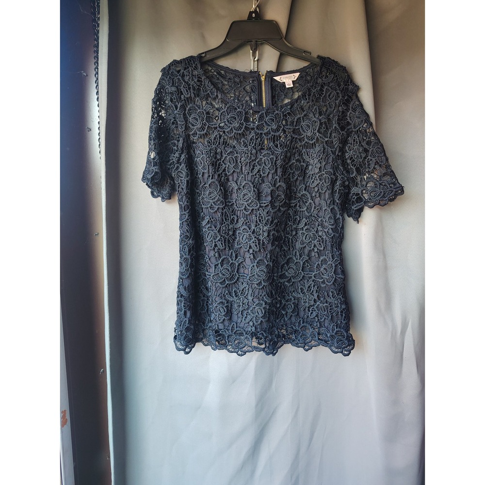 Nanette Nanette Lepore Black Floral Lace Short Sleeve Top Gold Back Zip Small
